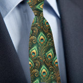 Cravate Tie vert et or à plumes de paon