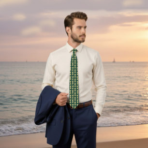Cravate Tie vert foncé avec motif d'oiseau doré