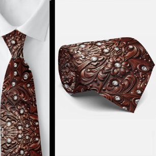 Cravate Tie Western Marron Faux Cuir Outil Diamant