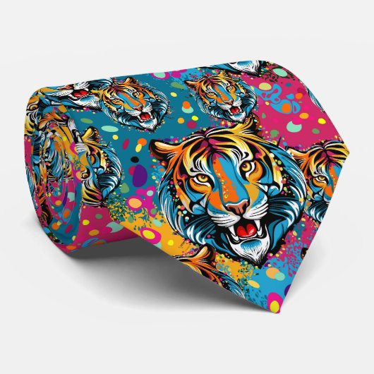 Cravate Tiger Head Rainbow colors paint stains (Roulé)