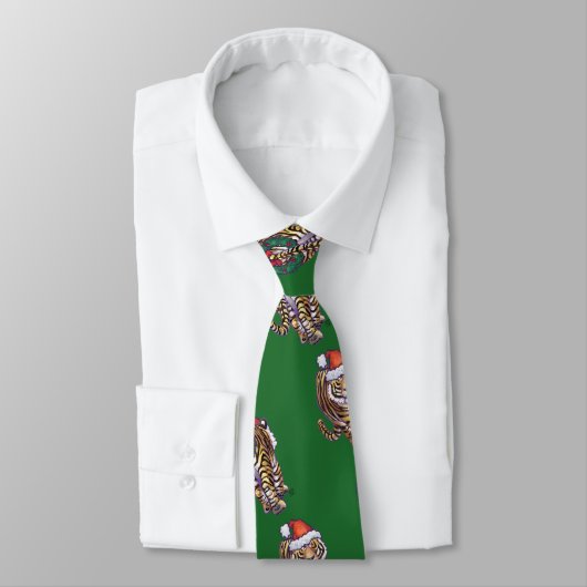 Cravate Tigre mignon à Santa Chapeau en vert (Attaché)