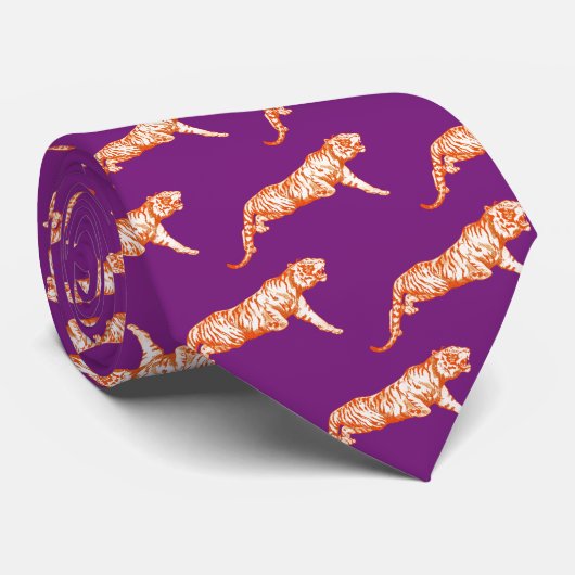 Cravate Tigre orange vif moderne sur violet (Roulé)