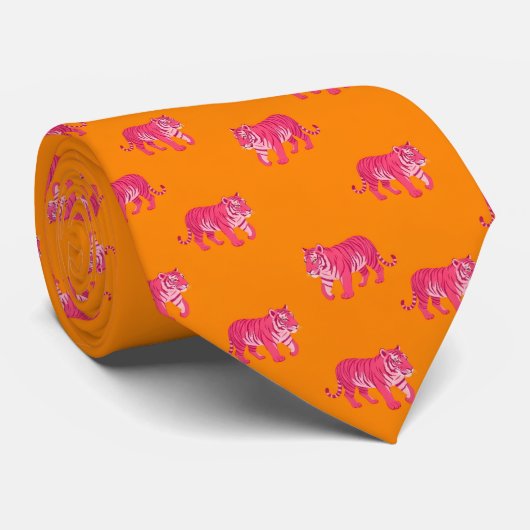 Cravate Tigre rose chaud sur Motif orange gras (Roulé)