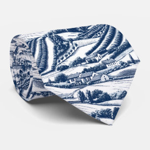 Cravate Toile de Jouy Bleue Classique Paysage Pastoral Vin