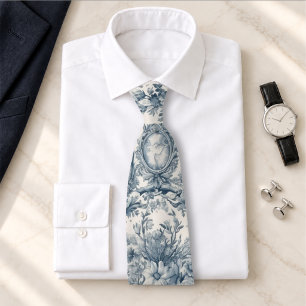 Cravate Toile de Jouy florale vintage bleue monogramme