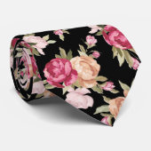 Cravate Tons Rouge Et Peach Fleurs Sur Arrière - plan Noir (Roulé)