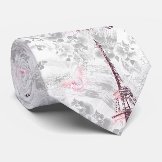 Cravate Tour Eiffel contre l'arrière - plan des orchidées (Roulé)