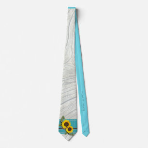 Cravate Tournesol Mariage rustique Turquoise en bois gris