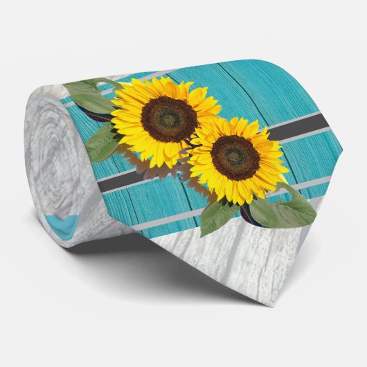 Cravate Tournesol Mariage rustique Turquoise en bois gris  (Roulé)
