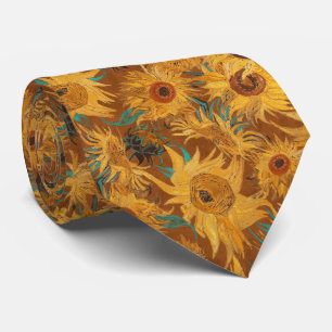 Cravate Tournesols de Van Gogh cuivre marron jaune turquoi
