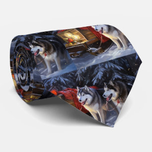 Cravate Traîneau enneigé de Malamute d'Alaska Noël