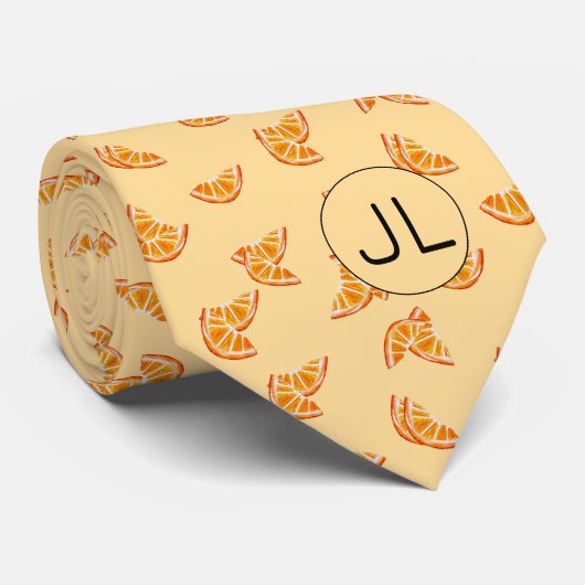 Cravate Tranches d'orange Fruit tiré à la main Monogramme (Roulé)
