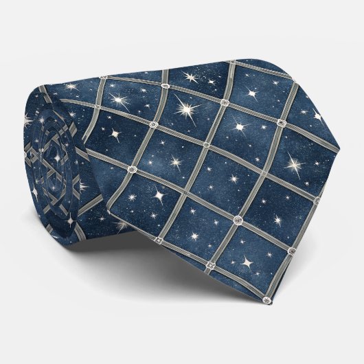 Cravate Treillis de diamant bleu de minuit - Nuit étoilée (Roulé)