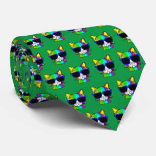 Cravate Très Cool Rainbow Cat Motif sur Vert