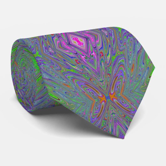 Cravate Trippy Abstrait violet, orange et papillon vert (Roulé)