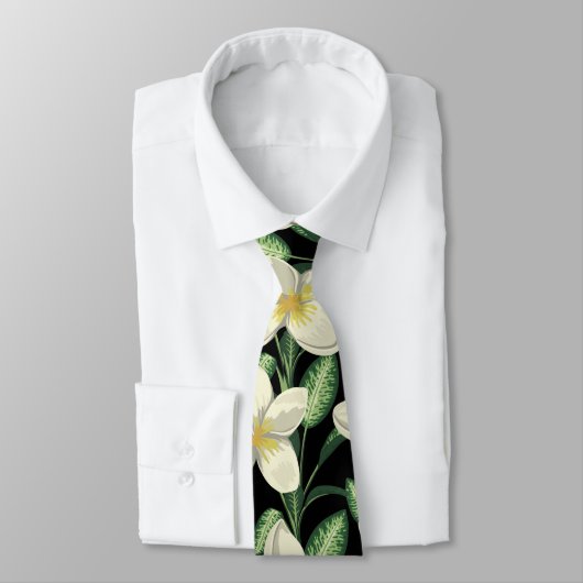 Cravate Tropical continu motif fleurs blanches feuille ver (Attaché)