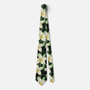 Cravate Tropical continu motif fleurs blanches feuille ver