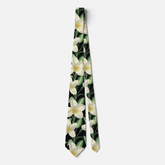 Cravate Tropical continu motif fleurs blanches feuille ver (Devant)