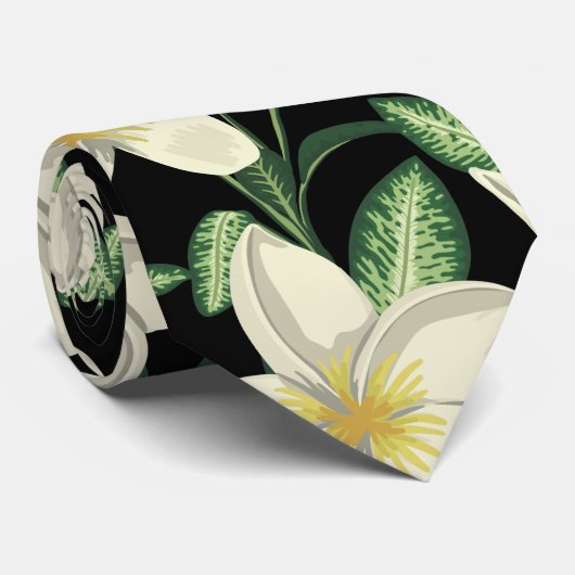 Cravate Tropical continu motif fleurs blanches feuille ver (Roulé)