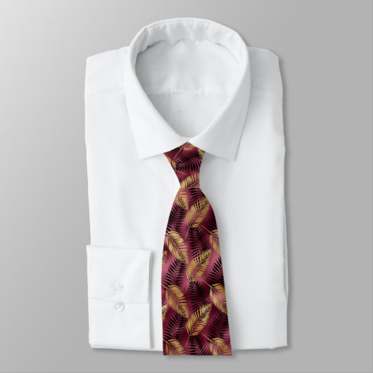 Cravate Tropical leaf pattern gold burgundy neck (Attaché)
