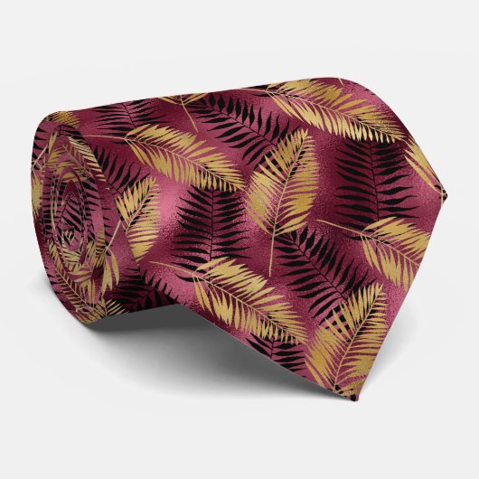 Cravate Tropical leaf pattern gold burgundy neck (Roulé)