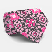 Cravate Tuile marocaine florale, rose fuchsia et gris/gris (Roulé)