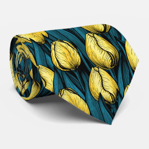 Cravate Tulières jaunes avec feuilles bleus