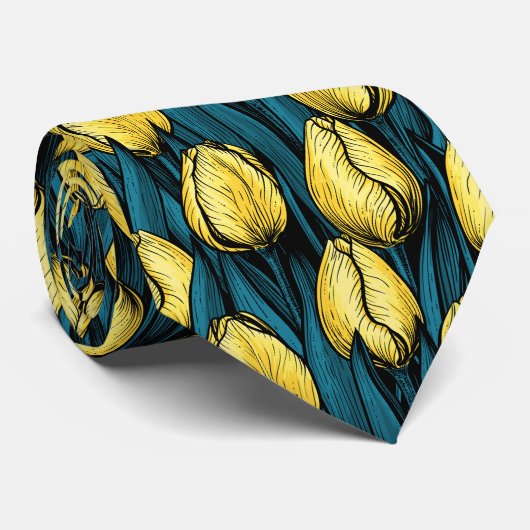 Cravate Tulières jaunes avec feuilles bleus (Roulé)