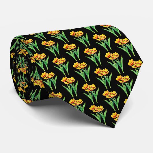 Cravate Tulipes sur fond noir (Roulé)