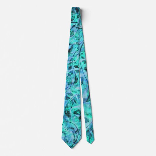 cravate turquoise Abstraite avec feuilles (Devant)