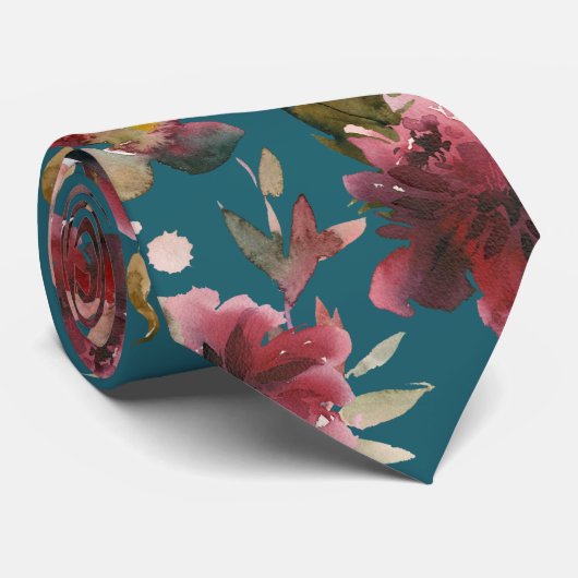 Cravate Turquoise Bleu et Bourgogne Raspberry Pink Peony M (Roulé)