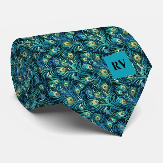 Cravate Turquoise bleu Peacock Feathers Mariage (Roulé)