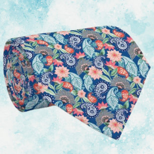 Cravate Turquoise Bleu Royal Orange Floral Vintage Paisley