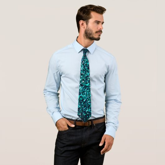 Cravate Turquoise Bleu Vert Paillettes Abstrait Anniversai (En situation)