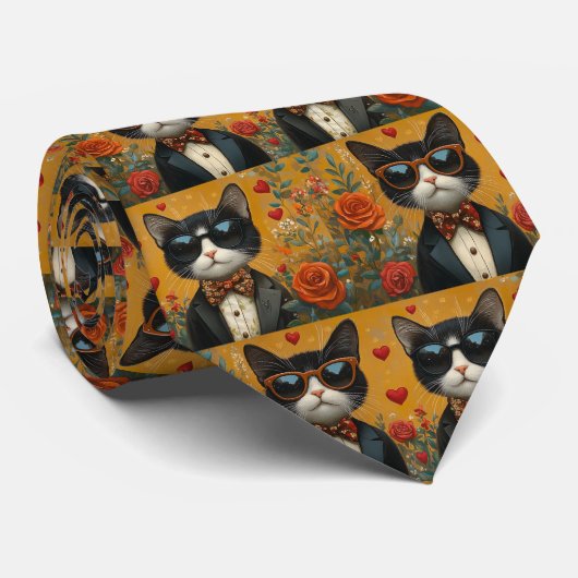 Cravate Tuxedo Chat avec coeur Roses Saint-Valentin (Roulé)