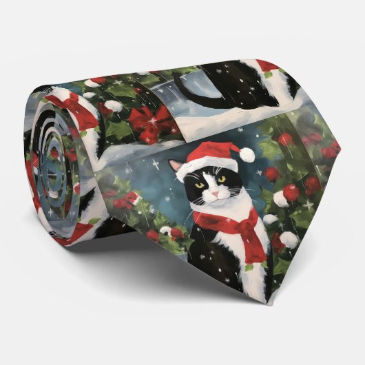 Cravate Tuxedo Chat en Noël de neige (Roulé)