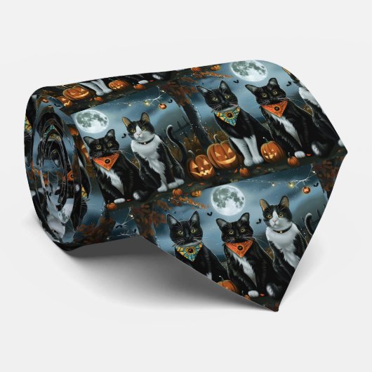Cravate Tuxedo Chat Halloween Éffrayant (Roulé)