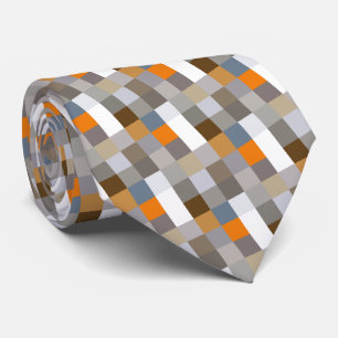 Cravate Unique Bleu Gris Orange Taupe Marron Pixels Art