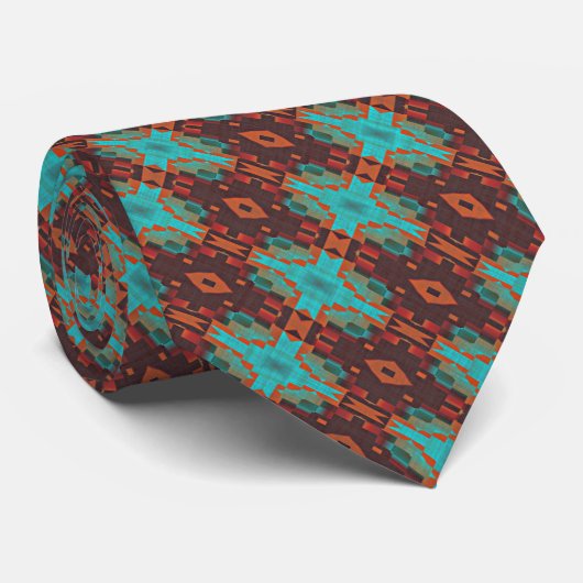 Cravate Unique sarcelle bleu vert orange marron tribal (Roulé)