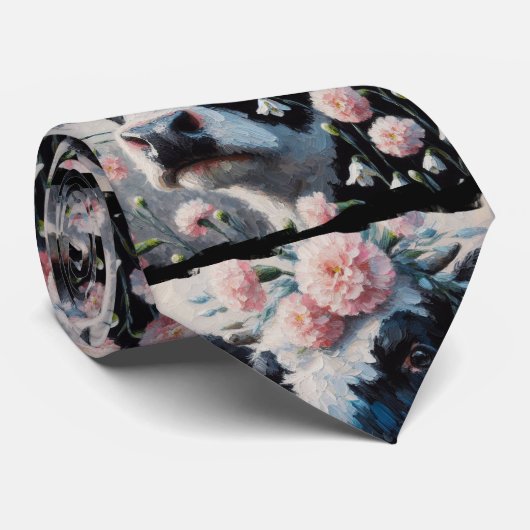 Cravate Vache Holstein en rose Fleurs d'oeillet Noir Blanc (Roulé)