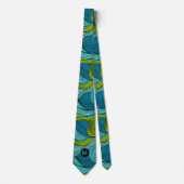 Cravate Vagues bleu et vert citron avec Monogramme (Devant)