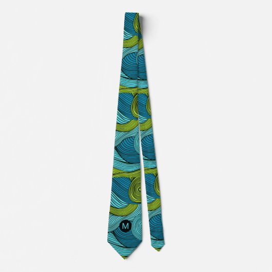 Cravate Vagues bleu et vert citron avec Monogramme (Devant)