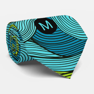 Cravate Vagues bleu et vert citron avec Monogramme