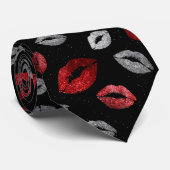 Cravate Valentines Red Silver Glitter Lips on Black  (Roulé)