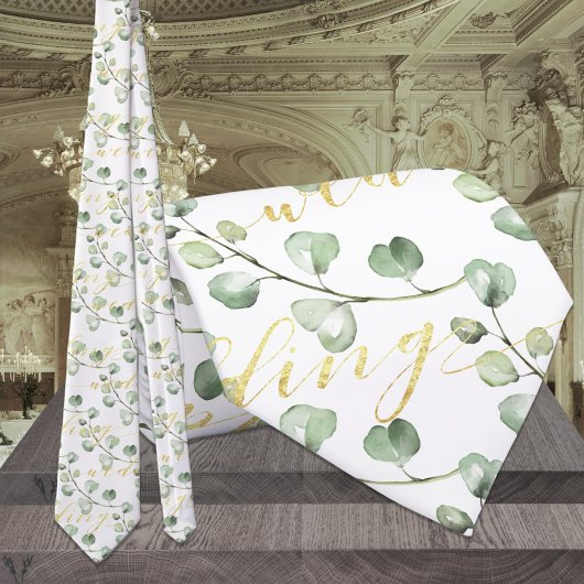 Cravate Végétation Eucalyptus & Écriture Dorée de Mariage 