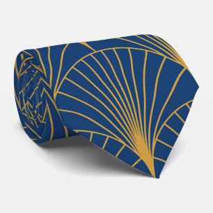 Cravate Ventilateurs géométriques dorés Art déco sur Navy