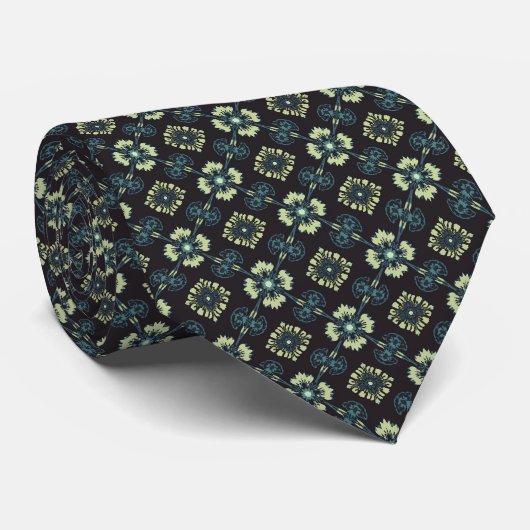 Cravate Vert chaux clair, bleu marine et Motif noir (Roulé)