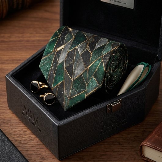 Cravate Vert émeraude de luxe et marbre noir or
