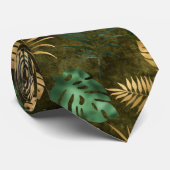 Cravate Vert jungle feuilles de palmier tropical jaune (Roulé)