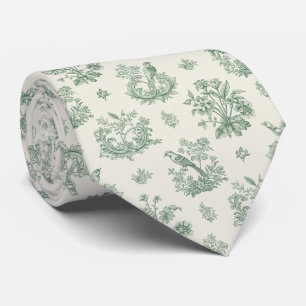 Cravate Vert menthe Toile de Jouy française oiseaux et fle